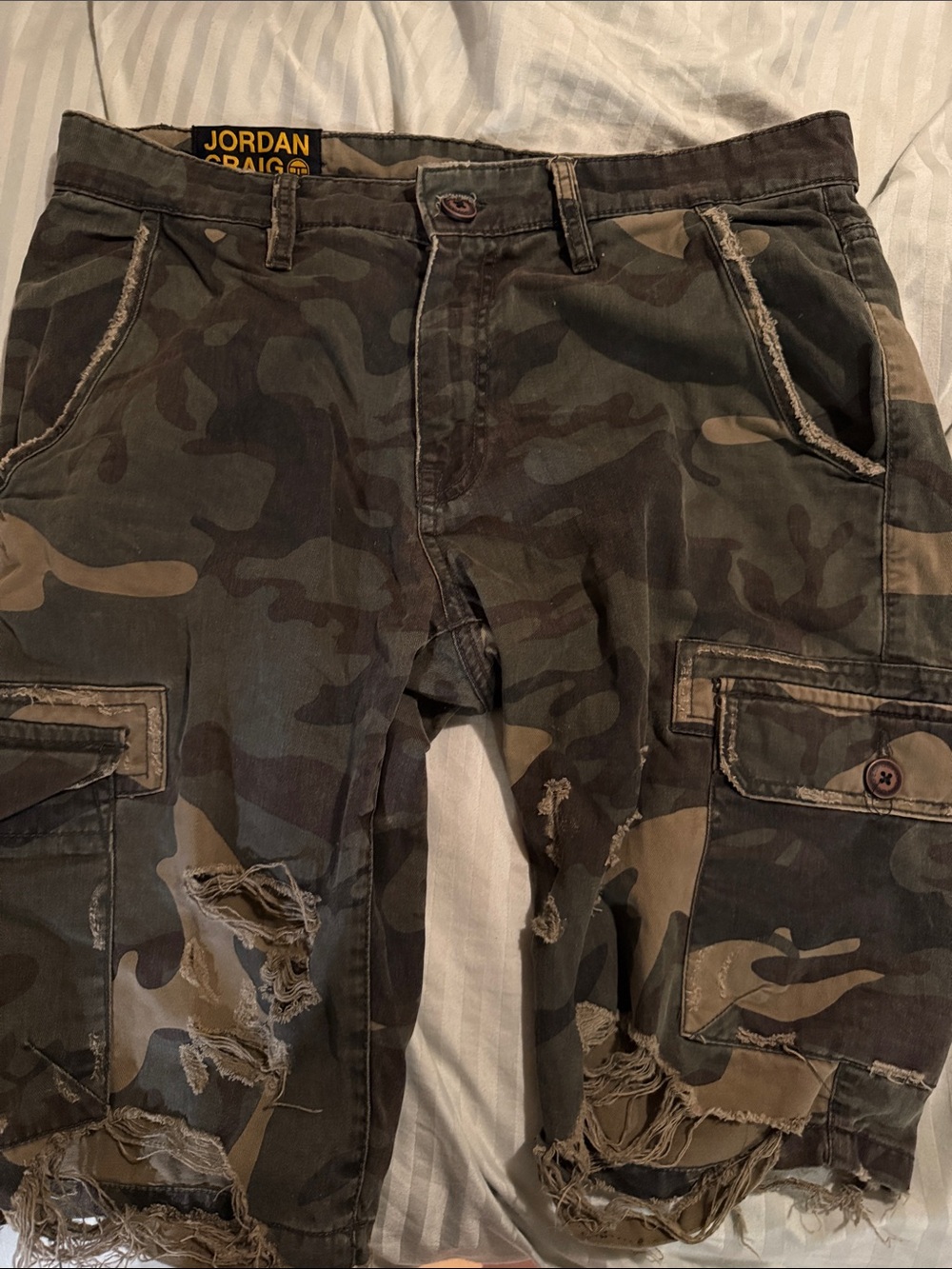 Jordan Craig Olive Camo Distressed Cargo Shorts